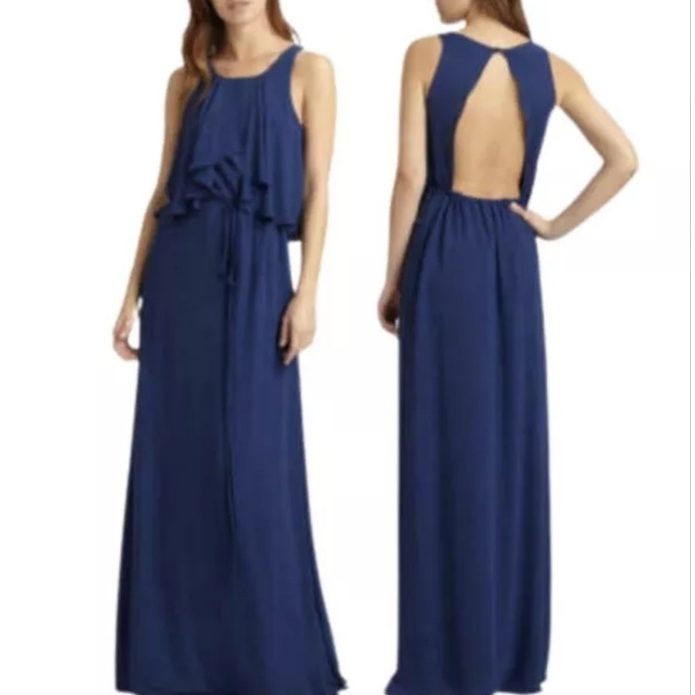 BCBG MAX AZRIA Women's Enza Open Back Maxi Dress Gown, Navy Blue Depth, XS